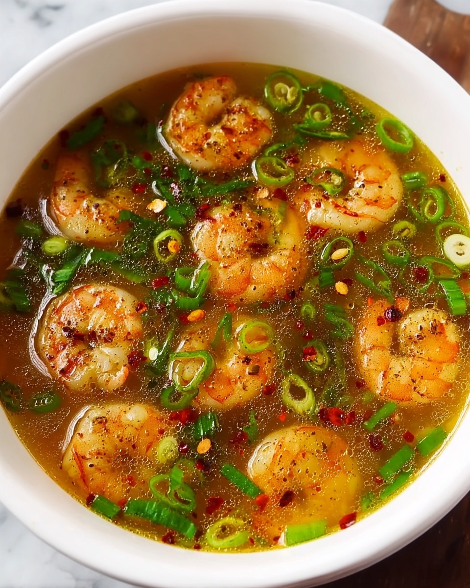 A white bowl filled with a clear golden broth that is filled with plump shrimp, each shrimp having a light orange color with a hint of seasoning visible on their surface. The broth is topped with bright green chopped scallions and thin slices of green chili, adding a fresh contrast to the warm colors of the shrimp and broth. Small red chili flakes are scattered across the dish, giving a spicy and textured look. The bowl is placed on a white marbled surface, adding brightness to the overall image. photo taken with an iphone --ar 4:5 --v 7