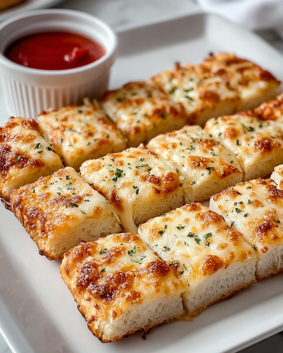 The image shows a white square plate with four rows of golden brown cheesy breadsticks, each breadstick cut into rectangular pieces. The top layer is melted cheese with a bubbly, slightly browned texture, sprinkled with small green herbs. The base layer is a thick, soft, white bread with a fluffy texture and a light brown crust on the edges. In the background, there is a small white bowl filled with bright red dipping sauce, placed on a white marbled surface. photo taken with an iphone --ar 4:5 --v 7