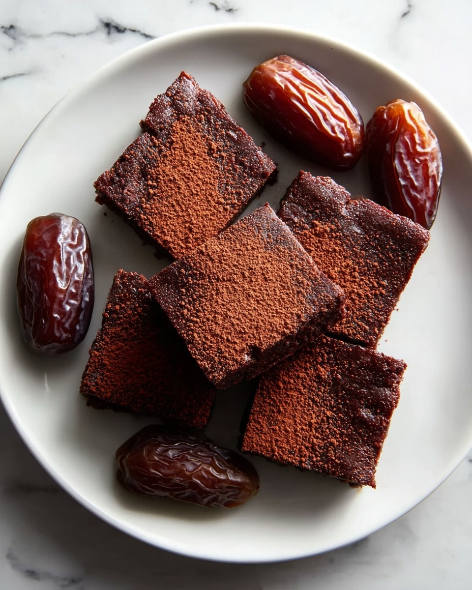 A white plate holds five square pieces of rich, dark chocolate brownies, each with a slightly rough texture and a fine dusting of cocoa powder on top that adds a reddish-brown color. The brownies look moist and dense with a slightly shiny surface. Around the brownies, there are four large, glossy brown dates with wrinkled skins placed close to the edges of the plate. The plate is set on a white marbled surface with subtle grey veins, creating a clean and bright background. photo taken with an iphone --ar 4:5 --v 7