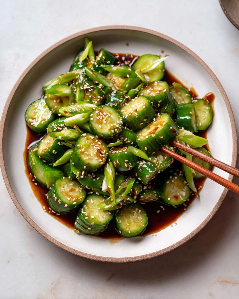 A white bowl holds a salad made of thick, green cucumber slices scattered across the center. The cucumbers are dressed with a glossy, dark brown soy-based sauce pooled at the bottom. Thin slices of light green spring onion are mixed throughout, adding brightness, while small white sesame seeds are sprinkled on top for texture. A woman's hand holding wooden chopsticks is picking up a slice from the right side of the bowl. The scene is set on a white marbled surface. photo taken with an iphone --ar 4:5 --v 7