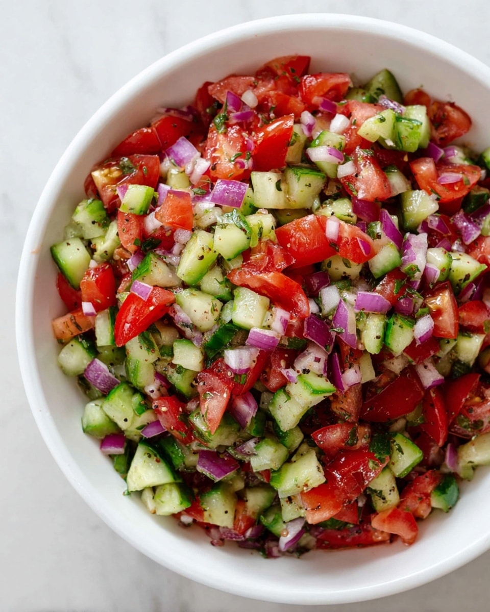A close-up top view of a white bowl filled with a colorful salad made with finely chopped red tomatoes, green cucumbers, and small pieces of purple onion mixed evenly, showing a fresh and juicy texture with tiny black pepper specks scattered throughout. The bowl is placed on a white marbled surface. photo taken with an iphone --ar 4:5 --v 7