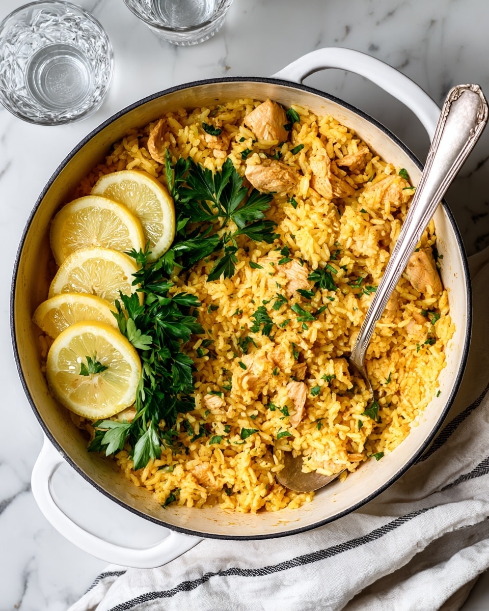 The image shows a white pot filled with a layered dish of yellow-orange rice mixed with small chunks of cooked chicken scattered throughout, giving a textured look. On one side of the rice, there are three bright yellow lemon slices partially placed on top of the rice, adding a fresh contrast. Next to the lemon slices, a small bunch of fresh green parsley leaves lies on the rice, adding a pop of green color. A silver spoon rests inside the pot, slightly digging into the rice. The pot is placed on a white marbled surface with a white cloth that has thin black stripes folded nearby. Two clear drinking glasses are visible in the top right corner. photo taken with an iphone --ar 4:5 --v 7