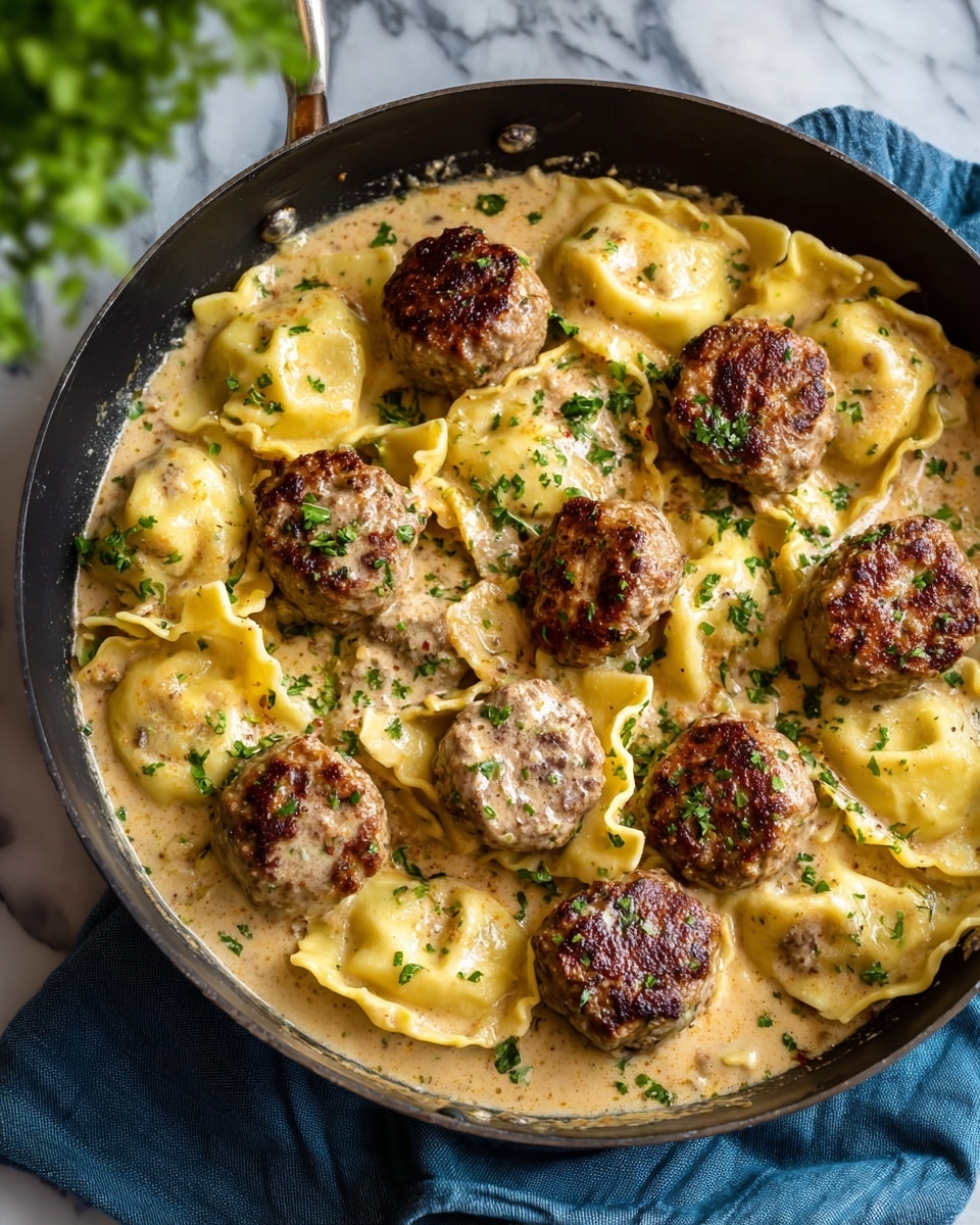 A black pan filled with cooked round meatballs and large ravioli pasta in a creamy light brown sauce. The meatballs are browned on the outside and evenly spaced between the ravioli, which are pale yellow with browned spots on top. The dish is garnished with small green herb pieces scattered over the meatballs and ravioli. The pan sits on a blue cloth on a white marbled surface with a blurred green plant in the background. photo taken with an iphone --ar 4:5 --v 7