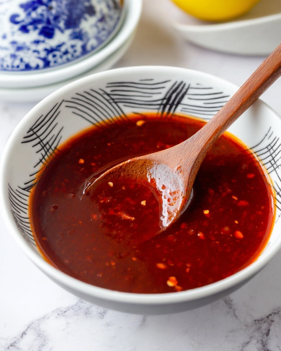 A white bowl with black curved line designs holds a rich, deep red sauce with a smooth but slightly thick texture. Small bits of ingredients float within the sauce, adding tiny pops of light orange and red shades. A wooden spoon rests inside the bowl, partially submerged in the sauce, showing the sauce's glossy surface reflecting light. The bowl sits on a white marbled surface, with part of a white dish with blue patterns and a yellow object visible in the blurred background. Photo taken with an iphone --ar 4:5 --v 7