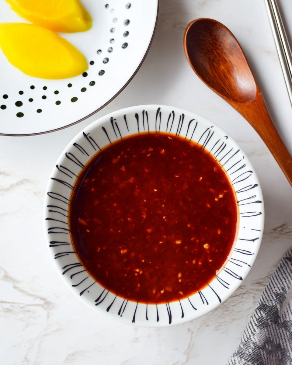 A white bowl with black curved line patterns holds a smooth, deep red sauce with tiny textured bits scattered throughout, filling the bowl nearly to the top. Adjacent to the bowl, there are silver chopsticks resting on the white marbled surface, and nearby, a wooden spoon with a rich brown color sits on the surface. In the upper left corner, a partial view of a white plate decorated with scattered black dotted lines displays three bright yellow pickled slices. The whole scene is set on a white marbled texture background. photo taken with an iphone --ar 4:5 --v 7