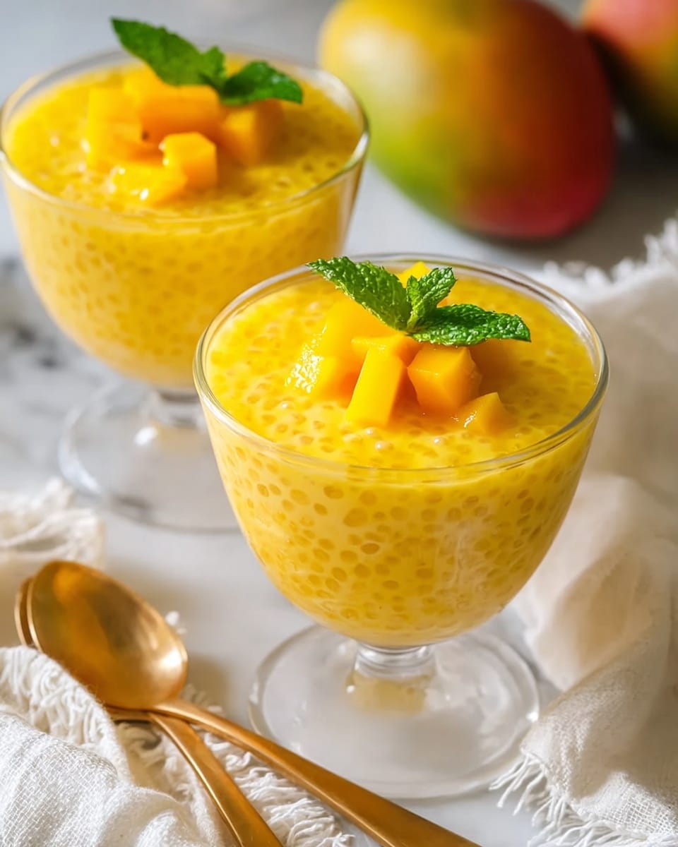 Two clear glass dessert cups sit on a white marbled surface, each filled with a bright yellow mango tapioca pudding showing small, round tapioca pearls evenly mixed throughout. On top of each pudding are three small, shiny mango cubes and a fresh green mint leaf resting in the center. In the foreground, a white fabric with soft fringed edges partially covers the surface near two golden spoons. In the background, blurred whole mangoes add a natural touch. The lighting is soft and natural, highlighting the smooth texture and vibrant color of the pudding. photo taken with an iphone --ar 4:5 --v 7