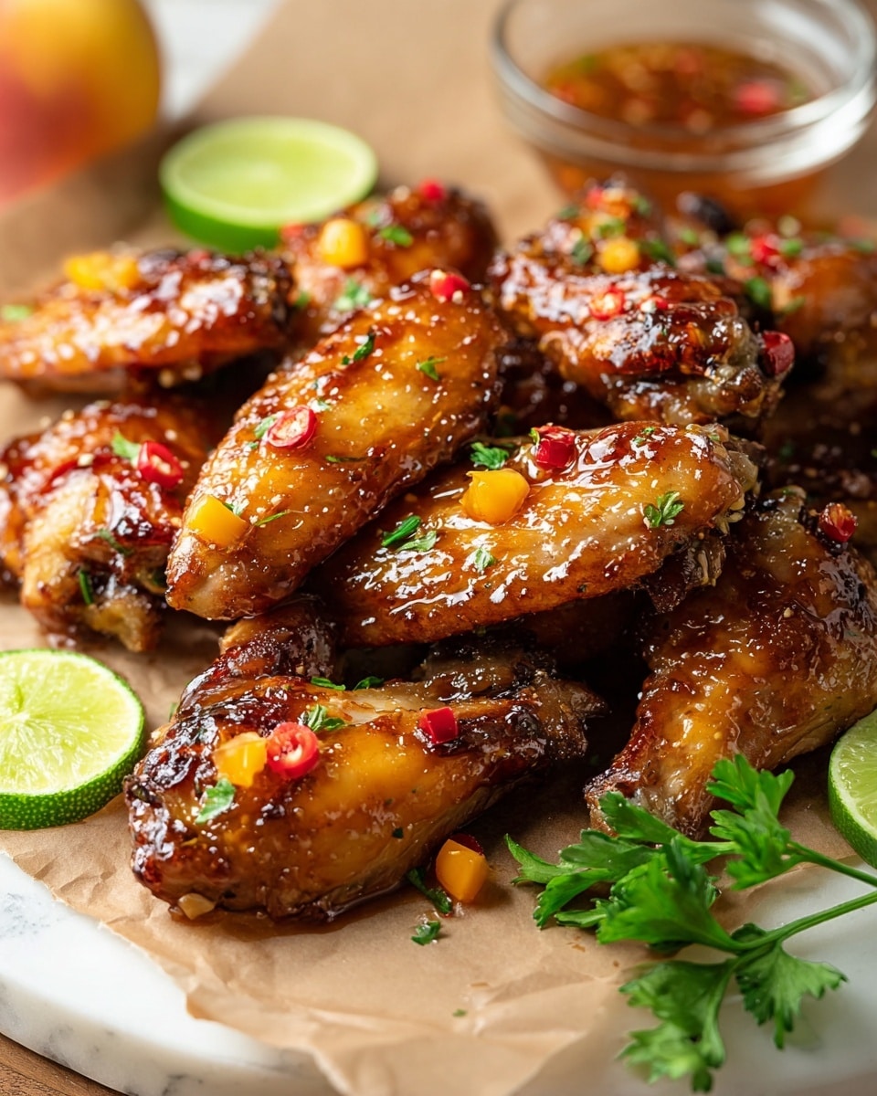 The image shows a pile of glazed chicken wings covered in a shiny, sticky sauce with visible red chili flakes and small orange fruit pieces scattered on top. The wings have a golden brown color with a slightly crispy texture on the skin. They are placed on a piece of brown parchment paper over a white marbled surface. Around the wings, there are fresh green parsley leaves and slices of lime and peach adding bright green and orange accents. A small clear glass bowl of dipping sauce is visible on the side. The background is softly out of focus with warm, natural lighting. photo taken with an iphone --ar 4:5 --v 7