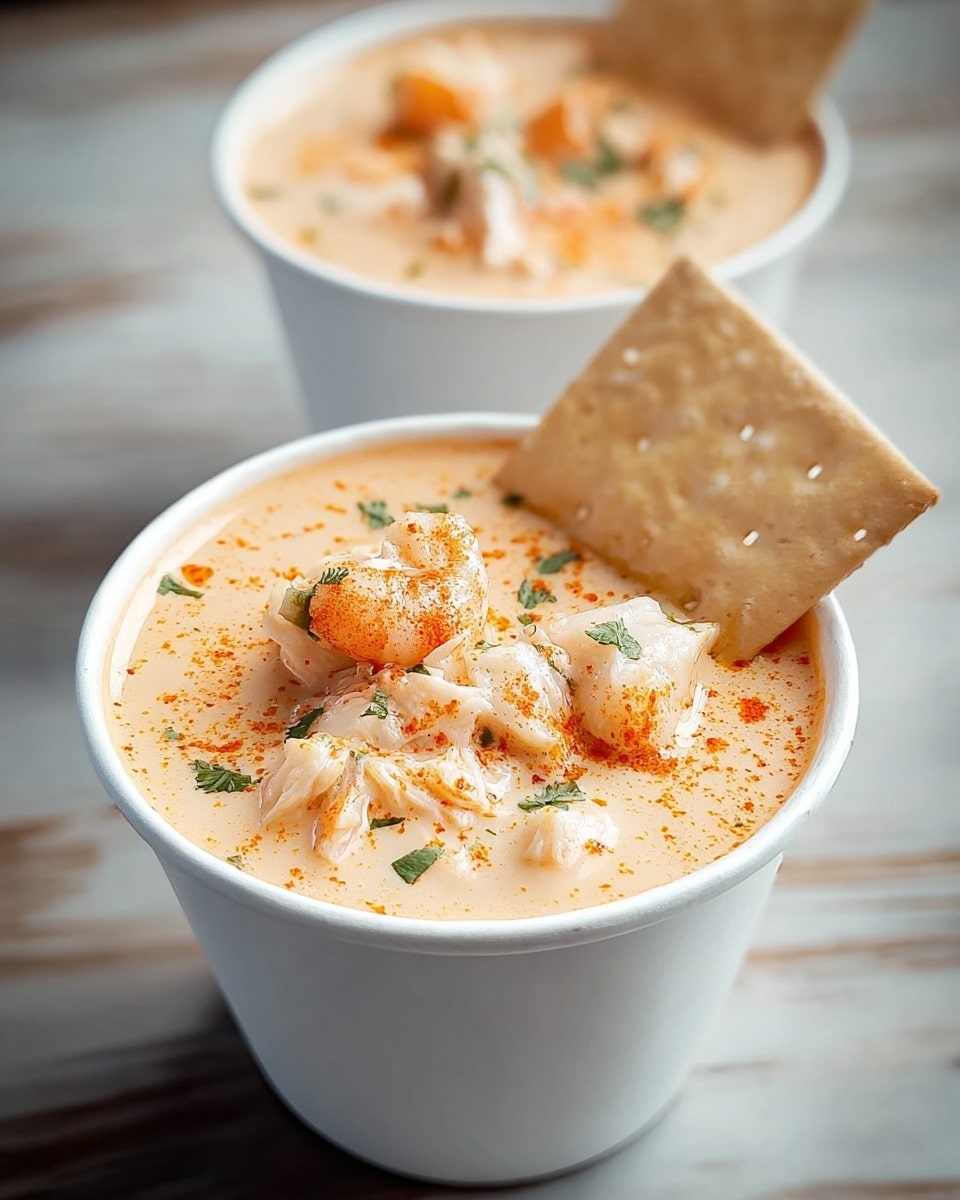 Two white cups filled with creamy, light orange soup that has visible chunks of white and orange seafood pieces mixed in. Each cup is topped with a single large, flat cracker sticking out from the side, and the surface of the soup is lightly sprinkled with orange seasoning. The background is a white marbled texture, and the focus is on the front cup while the second cup is softly blurred in the back. photo taken with an iphone --ar 4:5 --v 7