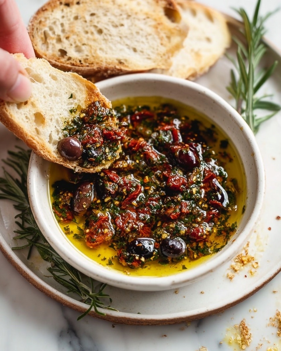 A white bowl sits on a white marbled surface with a sliced piece of crusty bread dipped into a mixture of golden olive oil topped with dark chopped olives, bright red sun-dried tomatoes, green herbs, and seeds, all floating with bits of chili flakes and herbs visible. The bowl is on a white plate with crumbs scattered around and a sprig of rosemary nearby. A woman's hand is holding the bread piece in the bowl, showing the soaked topping. Photo taken with an iphone --ar 4:5 --v 7