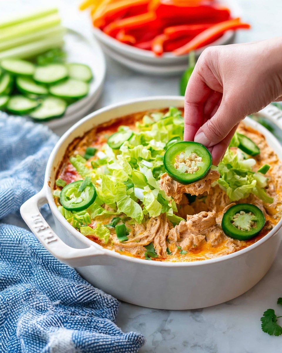 A white round dish with two handles is filled with layered dip. The bottom layer is red salsa, topped with a creamy light brown bean and cheese layer mixed with bits of green. On top, there is a bright green layer of chopped lettuce and sliced green jalapeños scattered evenly. A woman's hand is holding a slice of cucumber covered in the creamy mixture, dipping into the layers. In the background, there are blurred white plates with red bell pepper strips and cucumber slices on a white marbled texture. A blue and white checkered cloth is placed near the dish on the same white marbled surface. photo taken with an iphone --ar 4:5 --v 7