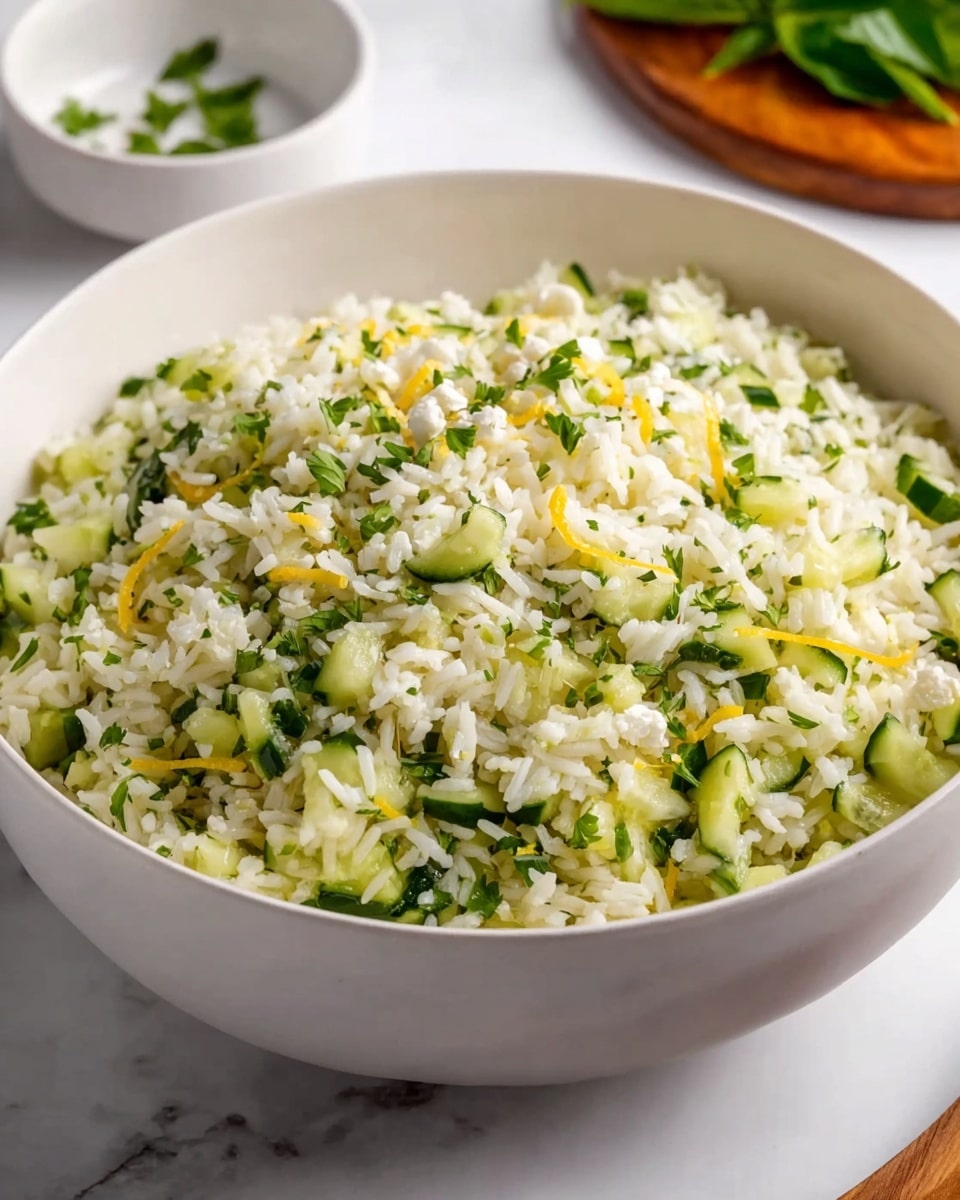 A large white bowl filled with a fresh rice salad, showing a mix of white, fluffy cooked rice grains layered with small chopped green cucumber pieces mixed evenly throughout. There are finely chopped green herbs scattered across the top, along with small bits of white cheese crumbles and thin, bright yellow lemon zest strands for color contrast. The bowl sits on a white marbled surface, with a blurry wooden board holding a smaller white bowl in the background and some green leaves visible to the side. photo taken with an iphone --ar 4:5 --v 7