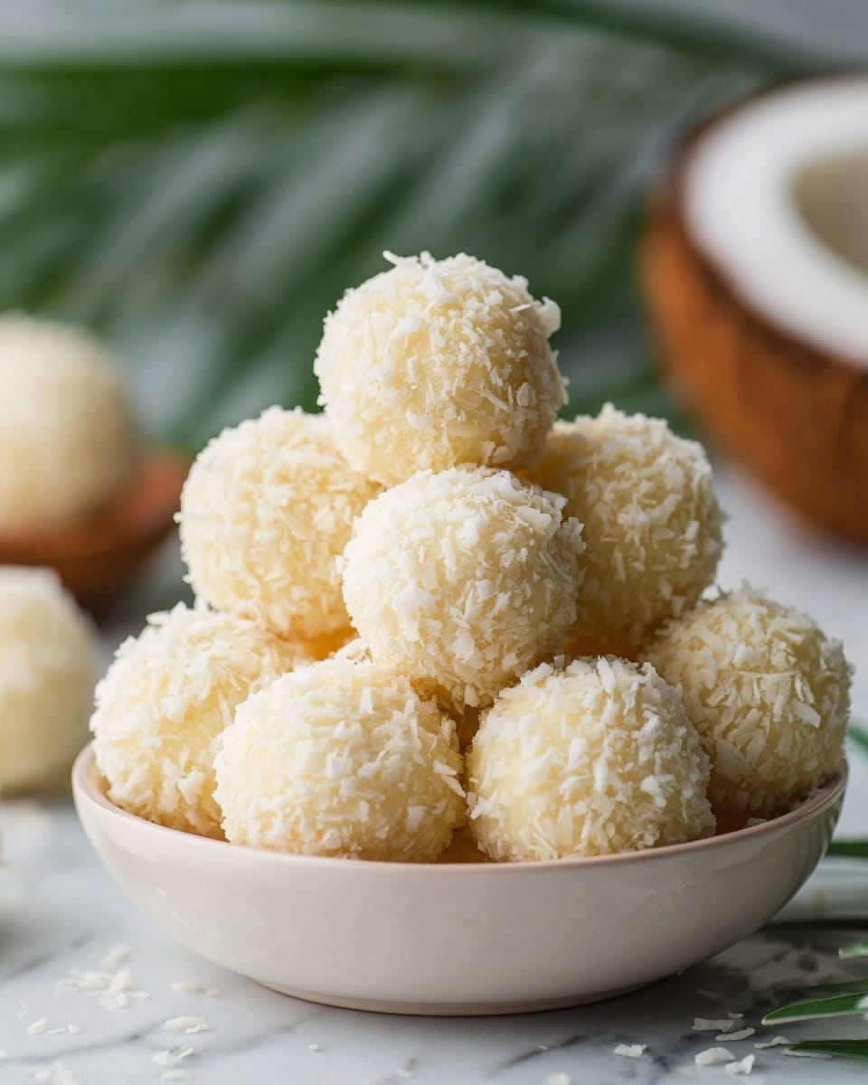 A pile of round, white coconut balls stacked in a small white bowl, each ball covered in fine, shredded coconut giving a rough texture. The balls are creamy off-white and look soft. The bowl is placed on a white marbled surface with some blurred green leaves in the background. A cracked open coconut shell is also visible in the background, adding context to the coconut flavor. photo taken with an iphone --ar 4:5 --v 7