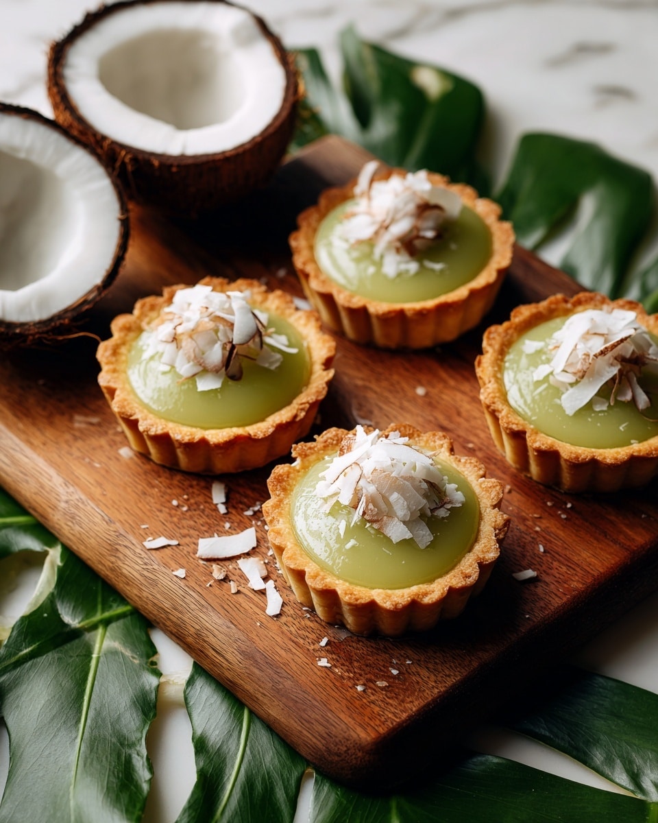 Four small round tarts sit on a wooden tray, each with a golden-brown crust that has scalloped edges. Inside, they have a smooth, shiny light green filling topped with a small mound of toasted white and light brown shredded coconut in the center. Around the tray are large green leaves and halved coconuts with white flesh, all placed on a white marbled surface. The photo is taken from above, showing the tarts close up and in sharp focus. photo taken with an iphone --ar 4:5 --v 7