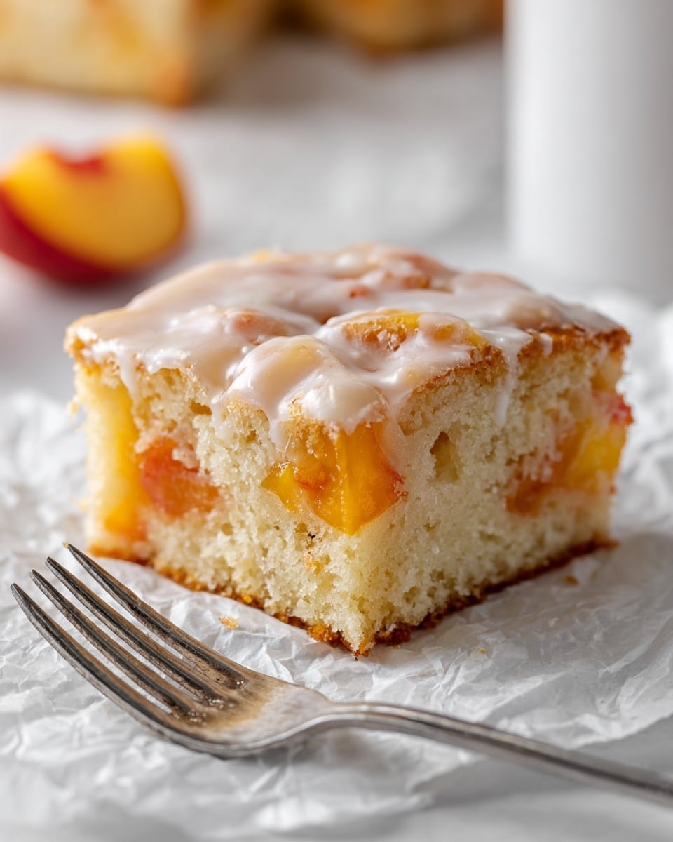 A close-up of a square slice of peach cake resting on crumpled white parchment paper placed on a white marbled surface. The cake has two visible layers: the bottom layer is soft, moist, and light yellow with chunks of bright orange peach embedded inside, while the top layer is a smooth, slightly cracked, light beige glaze evenly covering the whole top of the slice. To the left of the cake, a silver fork with four tines lies partially on the parchment paper. In the background, there is a blurred slice of peach and another piece of cake on the white marbled surface. Photo taken with an iphone --ar 4:5 --v 7