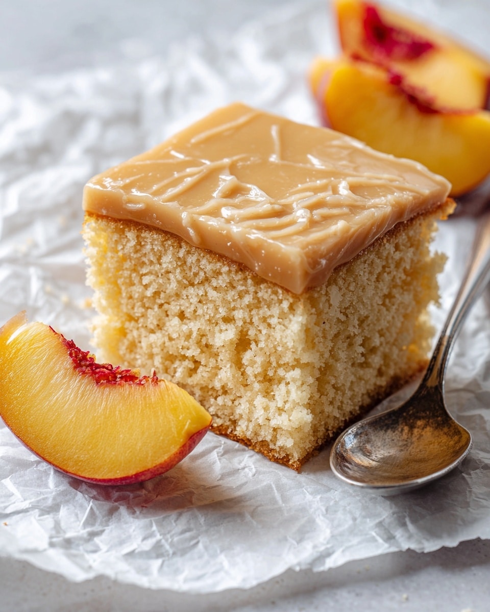 A close-up image of a square piece of cake with two visible layers: the bottom layer is a soft, light yellow sponge cake with a crumbly texture, topped by a thick, pale caramel-colored icing that has a cracked texture on the surface. The cake slice rests on a crumpled piece of white parchment paper. Beside the cake are two triangular slices of peach with soft orange and yellow hues and reddish lines near the pit. A silver spoon lies next to the cake, slightly overlapping the parchment. The whole setup is placed on a white marbled surface. Photo taken with an iphone --ar 4:5 --v 7