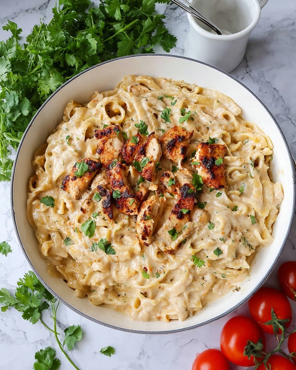 A large white bowl filled with creamy pasta topped with grilled chicken strips. The pasta is covered in a thick, light beige sauce with visible flecks of herbs, while the chicken pieces have a slightly charred golden brown color with sear marks. Small green cilantro leaves are scattered on top, adding a fresh touch. The bowl is placed on a white marbled texture with sprigs of fresh cilantro and bright red tomatoes in the background, alongside a white cup with a spoon inside. photo taken with an iphone --ar 4:5 --v 7