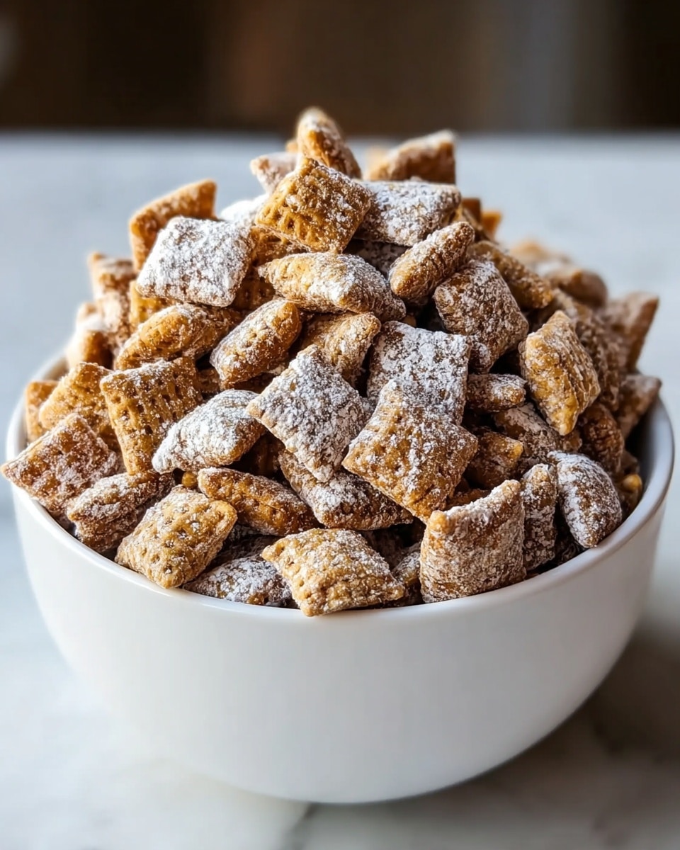 A white bowl is filled with small square pieces of snack mix showing two layers: a golden brown base layer with a crunchy texture and a top layer covered in a light dusting of white powdered sugar, giving a slightly rough and powdery look. The pieces are piled high and closely packed, showing texture details of both smooth and bumpy surfaces. The bowl sits on a white marbled surface, with soft lighting highlighting the snack mix's varied brown tones and powdered texture. photo taken with an iphone --ar 4:5 --v 7