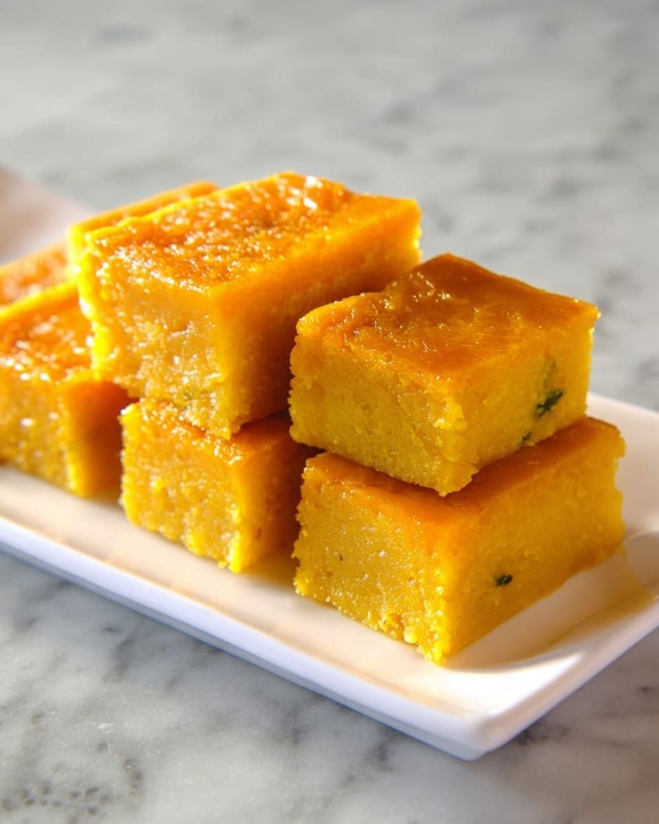 The image shows a white rectangular plate with a stack of six yellow-orange square pieces of food arranged in two layers, three pieces on the bottom and three pieces stacked neatly on top. Each piece has a smooth, slightly glossy surface with a soft and moist texture. The sides of the squares show a slightly crumbly texture with a bit of unevenness, and there seems to be some greenish bits inside the bottom layer, hinting at some vegetables or herbs within. The plate sits on a white marbled textured surface. photo taken with an iphone --ar 4:5 --v 7
