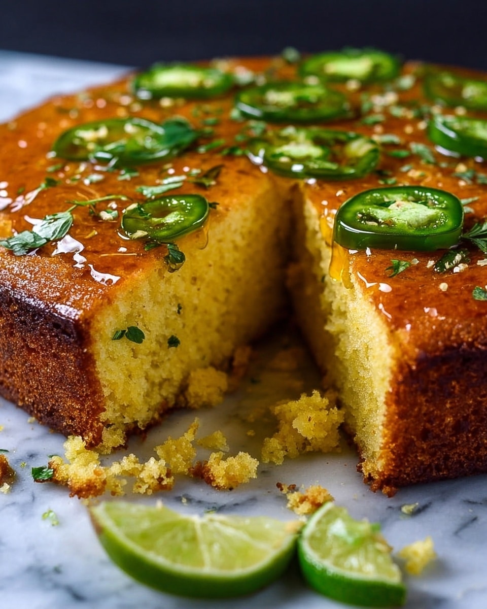 A thick round cornbread with a golden brown crust and moist, soft yellow interior is shown, cut to reveal its crumbly texture. The top layer is glazed with a shiny amber honey or syrup, decorated with fresh green jalapeno slices and small pieces of chopped green herbs. A few cornbread crumbs scatter around the base, and there is a wedge of lime and green herb leaves near the dish. The dish is placed on a surface with a white marbled texture. photo taken with an iphone --ar 4:5 --v 7