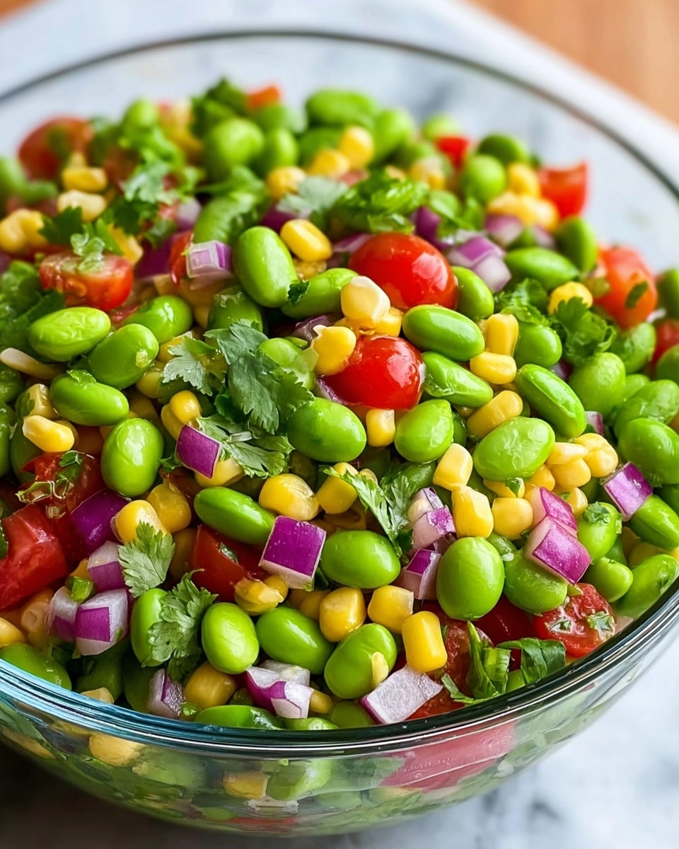 A close-up view of a clear glass bowl filled with a fresh vegetable salad. The salad has three main layers mixed together: bright green edamame beans, yellow corn kernels, and small diced red tomatoes, all mixed with bits of purple-red chopped onion and scattered pieces of green cilantro leaves. The textures range from smooth shiny beans to soft chopped vegetables and leafy herbs, creating a colorful and fresh appearance. The bowl is placed on a white marbled surface. photo taken with an iphone --ar 4:5 --v 7