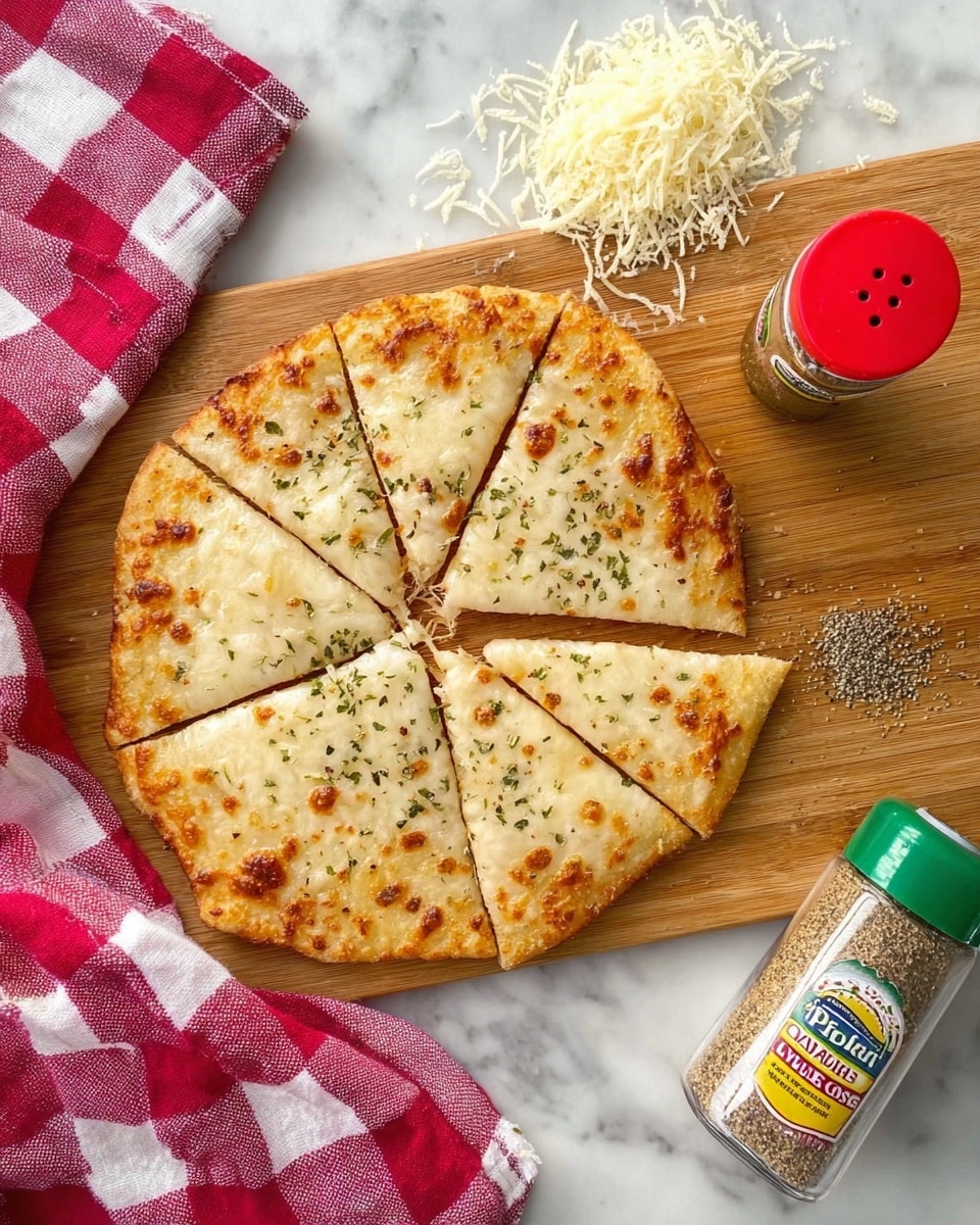 A small round flat garlic cheese bread cut into six triangular slices is placed on a wooden board. The cheese layer is melted and golden brown with small toasted spots, sprinkled with tiny green herb flakes. Some shredded white cheese is scattered near the top side, and two spice bottles—one with a red cap and the other with a green cap—are placed to the right. A red and white checkered cloth is folded and placed on the left side. The background has a clean white marbled texture. Photo taken with an iphone --ar 4:5 --v 7