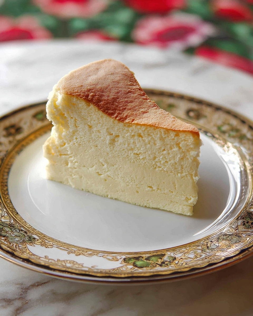 The image shows a slice of cheesecake with three visible layers, all a creamy off-white color with a smooth and slightly crumbly texture. The top layer has a lightly browned surface, giving it a soft golden tone. The slice is placed on a white plate with a gold and dark blue geometric border. The background is a white marbled texture. photo taken with an iphone --ar 4:5 --v 7