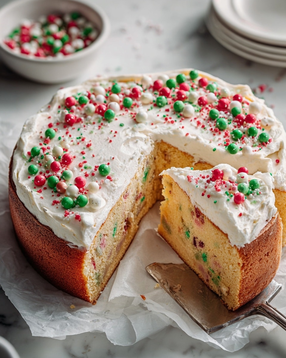 A round cake with one slice removed sits on white parchment paper over a white marbled surface. The cake has two layers: a golden brown, dense base with colorful speckles inside, and a thick, fluffy white frosting layer on top decorated with red, green, white, and pink round sprinkles of different sizes. One slice is lifted slightly by a silver cake server, showing the inside with the colorful bits extending through the cake. In the background, a white bowl with more colorful sprinkles adds to the festive atmosphere. Photo taken with an iphone --ar 4:5 --v 7