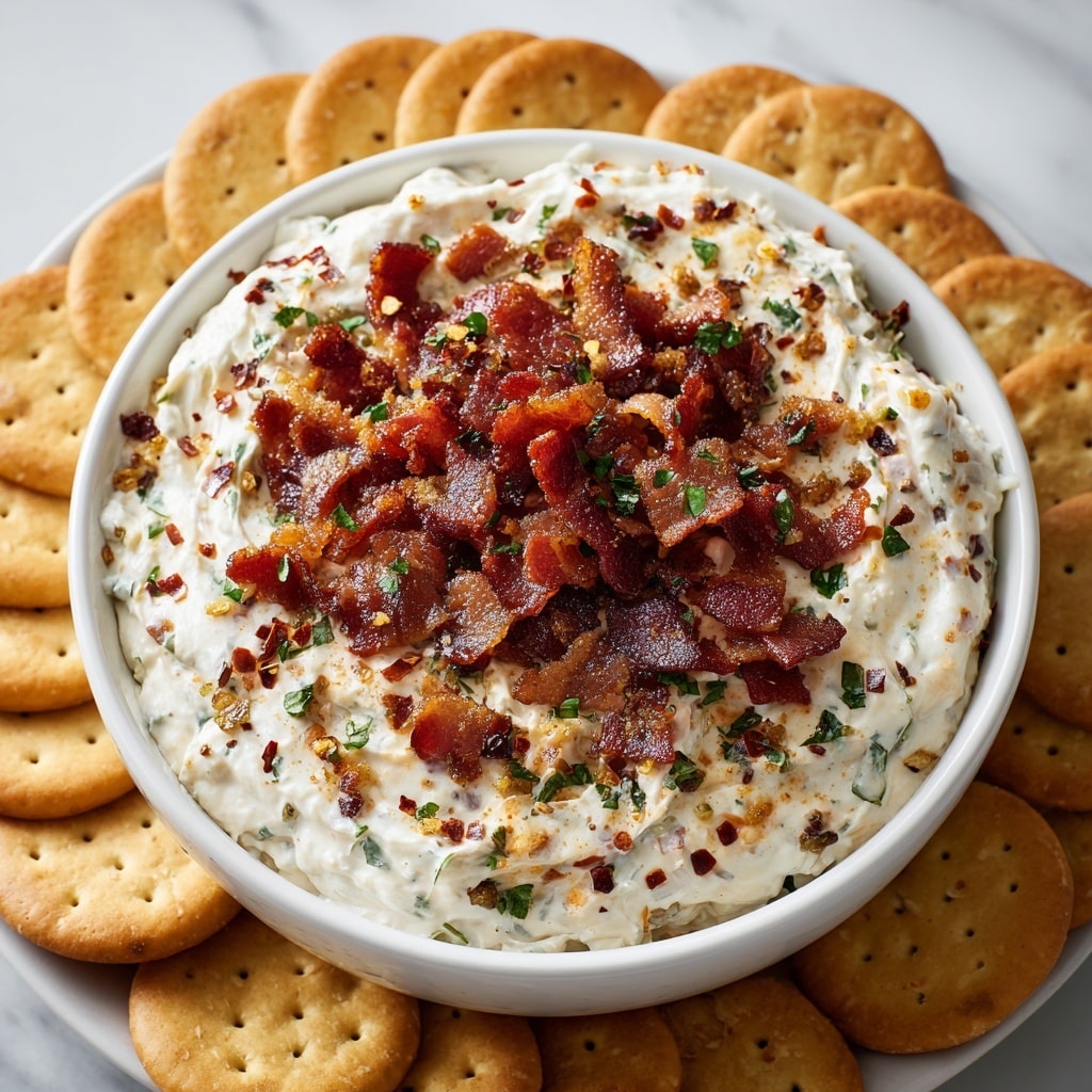 A white bowl filled with a thick, creamy white cheese dip that has small green herb flecks mixed throughout. The top layer has a generous spread of chopped, crispy reddish-brown bacon pieces with a shiny, slightly oily texture. Scattered on top are tiny green herbs and red pepper flakes adding color and texture. The bowl is surrounded by round golden-brown crackers arranged neatly around its base. The whole scene is set on a white marbled surface with soft lighting. photo taken with an iphone --ar 4:5 --v 7