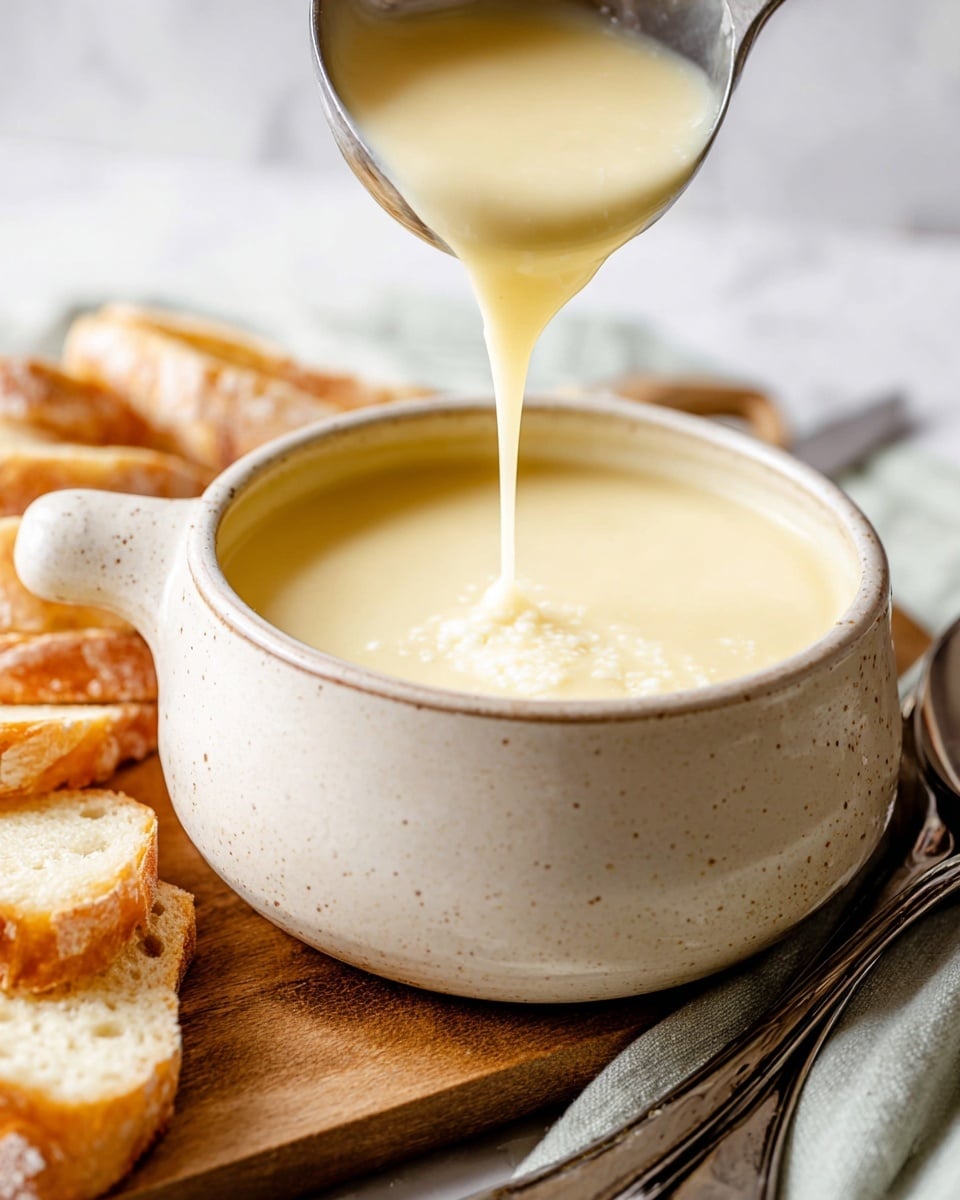 A close-up shot shows a beige speckled ceramic bowl filled with a smooth, creamy, pale yellow soup, with a thick texture. A metal ladle pours some of the soup into the bowl, showing the soup's flowing motion and slight foam on the surface. The bowl sits on a wooden board with a few toasted, golden-brown bread slices to the left and a light grayish-green cloth with silver spoons to the right. The background is a soft white marbled texture. photo taken with an iphone --ar 4:5 --v 7