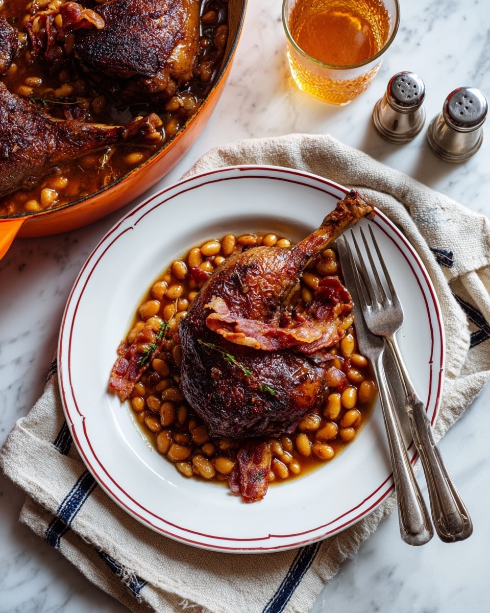 A white plate filled with a thick bean stew placed on a white marbled surface, containing three main layers: the base layer is light brown broth with soft, cream-colored beans scattered throughout; the middle layer has chunks of tender, light tan meat mixed evenly with the beans; the top layer shows dark brown, almost black, crispy pieces of meat sitting on top of the stew, adding a textured contrast. A knife and fork are positioned on either side of the plate on a pale pink cloth. photo taken with an iphone --ar 4:5 --v 7