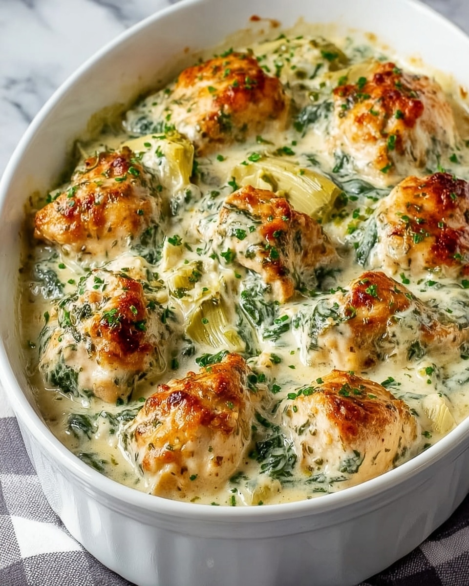 The dish shows a white oval casserole dish filled with creamy, baked chicken pieces on top. There are about eight browned chicken chunks, golden and slightly crispy on top, sitting in a thick cream sauce that is white with hints of green from cooked spinach leaves mixed throughout. The sauce also contains pale yellow artichoke hearts, and the whole dish is sprinkled with small green parsley bits. The texture looks rich and smooth, with the chicken pieces layered clearly above the thick sauce. The dish is placed on a white marbled surface with a grey and white checked cloth edge visible on the side. Photo taken with an iphone --ar 4:5 --v 7