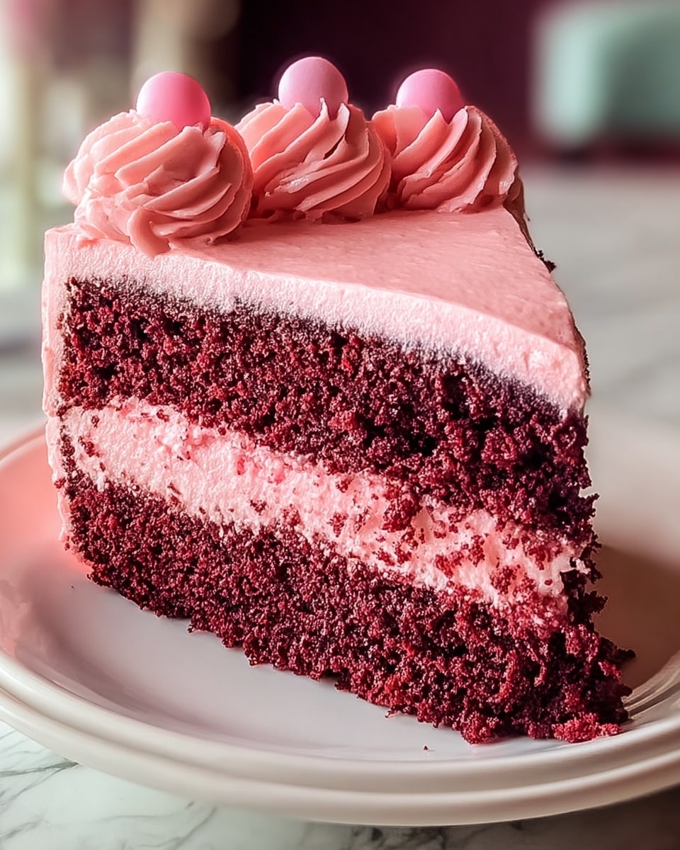 A close-up of a slice of two-layer dark red velvet cake with a thick middle layer of smooth pink frosting. The cake layers look soft and moist with a slightly crumbly texture. The whole slice is coated on top with a thick layer of pink frosting that is shiny and smooth, and the top edge is decorated with three rounded swirls of pink frosting, each topped with a small round pink candy. The slice sits on a white plate with curved edges on a white marbled surface in soft light. Photo taken with an iphone --ar 4:5 --v 7