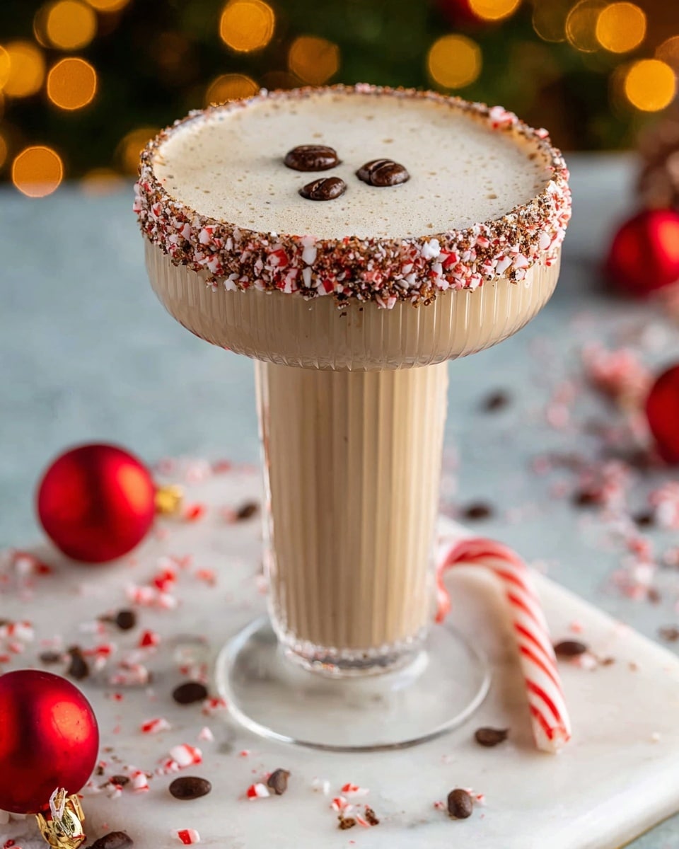 A creamy light brown drink fills a ribbed, tall-stemmed white glass, with a dark chocolate rim covered in crushed red and white peppermint pieces. The frothy top is decorated with three dark brown coffee beans spaced evenly in the center. The glass sits on a white marbled surface scattered with red Christmas ornaments, small coffee beans, and candy canes, with a softly blurred festive background glowing with warm lights. Photo taken with an iphone --ar 4:5 --v 7