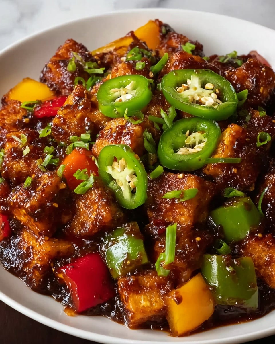 A close-up of a plate filled with small golden-brown tofu cubes coated in a thick, dark, glossy sauce that looks rich and slightly sticky, mixed with bright red, orange, yellow, and green bell pepper pieces scattered evenly through the dish. Thin slices of fresh light green jalapeños with visible seeds are spread on top, along with chopped green herbs that add a fresh touch. The whole dish sits neatly on a white plate, which is placed on a surface with a white marbled texture. photo taken with an iphone --ar 4:5 --v 7