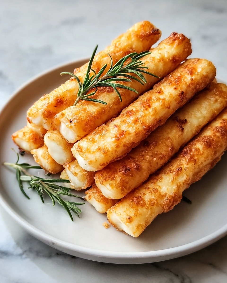 The image shows a stack of golden-brown cheese sticks arranged neatly on a white plate with a smooth, shiny texture. Each cheese stick is cylindrical and evenly browned with a slightly crispy outside layer and a soft, creamy white inside. There is a small garnish of fresh green rosemary sprigs placed on top and to the side of the cheese sticks, adding a touch of color contrast. The plate sits on a white marbled surface, giving a clean and elegant look to the presentation. photo taken with an iphone --ar 4:5 --v 7