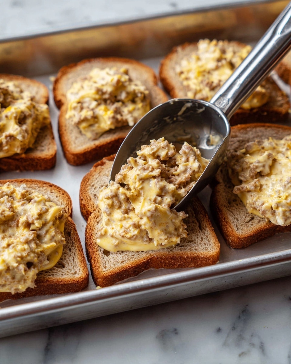 Several slices of brown bread are placed in a baking tray with a silver metal scooper adding dollops of a thick, chunky mixture that is yellowish-brown with visible bits of sausage or similar meat spread on each slice. Each slice has one mound of the creamy, textured mixture centered on it. The background is a white marbled surface. photo taken with an iphone --ar 4:5 --v 7