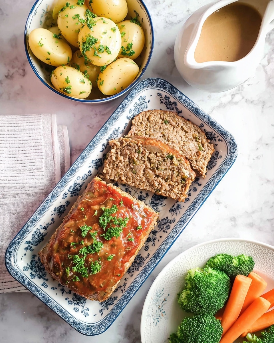 The image shows a rectangular serving dish with a blue floral pattern, holding a meatloaf on the top half and two slices of meatloaf on the bottom half, garnished with small green parsley leaves. To the left is a bowl with small boiled potatoes topped with parsley, and below that is another bowl filled with broccoli and carrot pieces. On the right side, part of a white plate is visible, containing broccoli, carrot sticks, and more meatloaf. In the top right corner, there is a white gravy boat with a light brown sauce. All dishes are placed on a white marbled textured surface. photo taken with an iphone --ar 4:5 --v 7