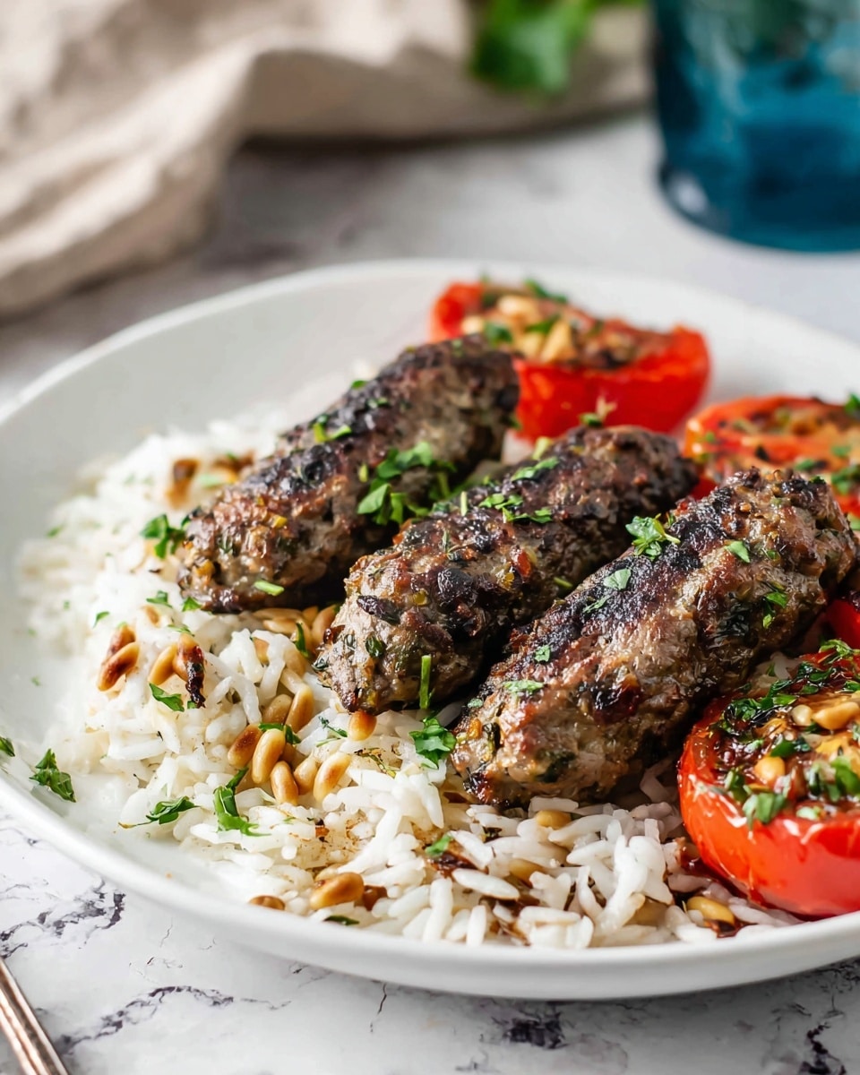 A white plate holds a meal with three grilled kofta kebabs, dark brown with visible herbs and spices, placed on top of a bed of white rice mixed with small brown toasted pine nuts and sprinkled with chopped green herbs. Behind the kebabs, there are two halves of grilled tomatoes, bright red with a slightly charred texture and green herb garnish. The scene is set on a white marbled textured surface with a blurred blue glass and beige cloth in the background. Photo taken with an iphone --ar 4:5 --v 7