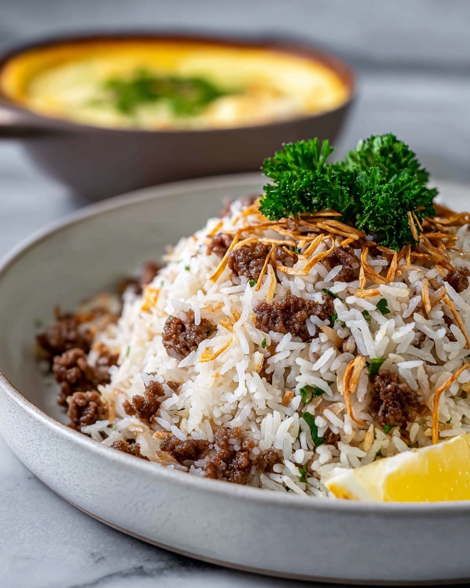 The dish is a mound of white rice mixed with small browned ground meat pieces and thin toasted noodle strands, scattered evenly throughout. The textures show fluffy, separate rice grains combined with slightly crispy noodle bits and soft meat clusters. Garnished on top are a few bright green parsley leaves and a small wedge of lemon placed neatly on the side. The food is served on a large white plate, with a soft white marbled background. In the background, a round bowl with a creamy yellow dish topped with herbs is slightly out of focus. Photo taken with an iphone --ar 4:5 --v 7