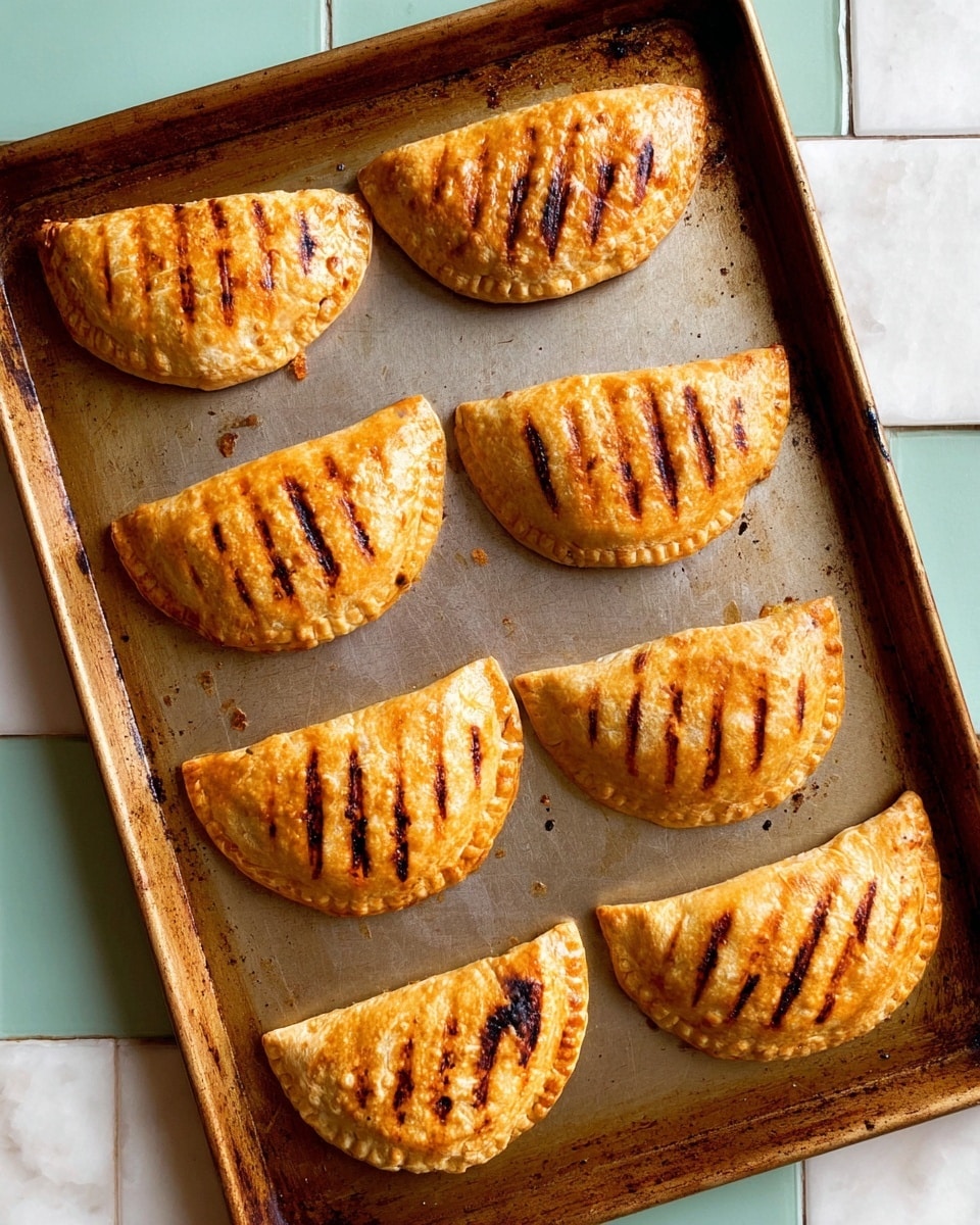 Eight golden-brown half-moon shaped pastries are arranged on a well-used baking tray. Each pastry has distinct dark grill marks across the top crust, showing a crisp and flaky texture. The pastries are evenly spaced, with lightly browned edges hinting at a filling inside. The tray sits on a white marbled surface with soft teal square tiles visible at the edges. The overall look is warm and inviting, capturing the baked pastries fresh from the oven. photo taken with an iphone --ar 4:5 --v 7