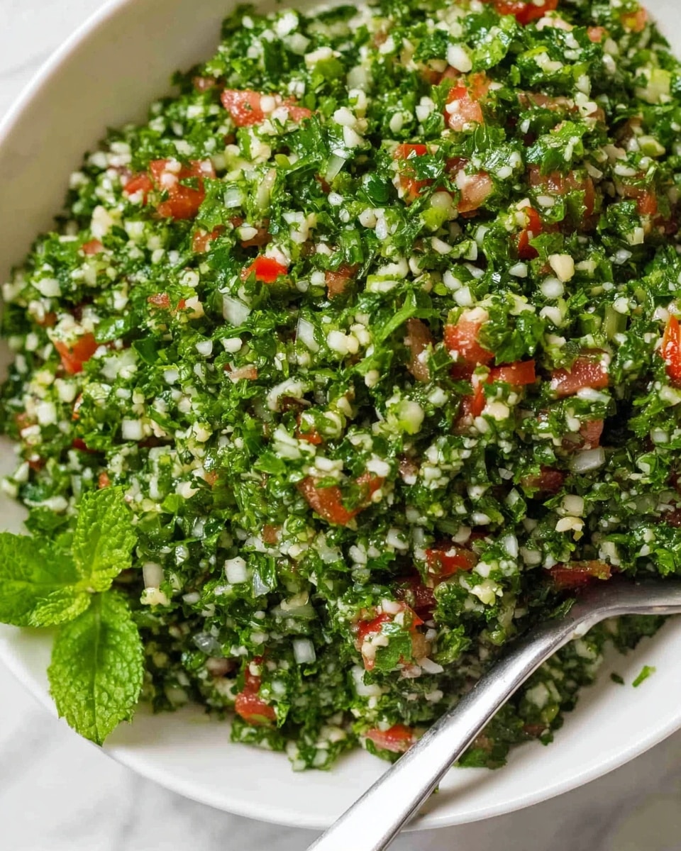 A close-up view of a fresh tabbouleh salad in a white bowl, showing finely chopped layers of bright green parsley, small white pieces of bulgur wheat, and tiny bits of red tomatoes evenly mixed throughout. The texture looks light and grainy with small, clear pieces of diced white onion scattered across. A silver spoon rests on the right side inside the bowl, and a small sprig of fresh mint is visible in the bottom left corner. The bowl sits on a white marbled surface. photo taken with an iphone --ar 4:5 --v 7