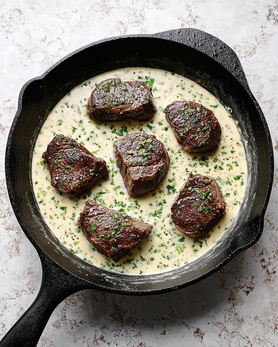 A black cast iron pan holds five pieces of cooked steak, each with a dark brown, slightly crispy outer layer sprinkled with small green herb bits. The steaks rest in a creamy white sauce that fills the pan's base, showing a thick and smooth texture with flecks of green herbs mixed throughout. The pan sits on a white marbled surface with soft gray and light brown spots. photo taken with an iphone --ar 4:5 --v 7