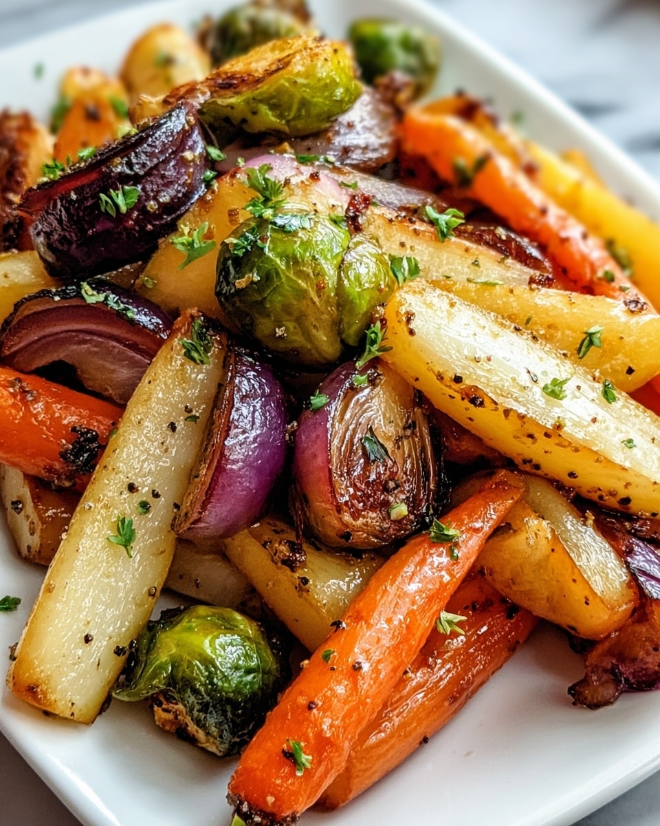 A close-up shot shows a white plate filled with roasted vegetables piled high. The dish has several layers visible: the bottom layers contain golden brown parsnips and tender baby carrots with a slightly shiny, glazed look; middle layers show roasted red onion wedges that have softened and caramelized at the edges; on top are small bright green Brussels sprouts with browned, crisp edges, and some small chopped green herbs scattered around to add a fresh contrast. The vegetables have a mix of smooth and rough textures with a light seasoning of black pepper and herbs. The background is a white marbled surface. photo taken with an iphone --ar 4:5 --v 7