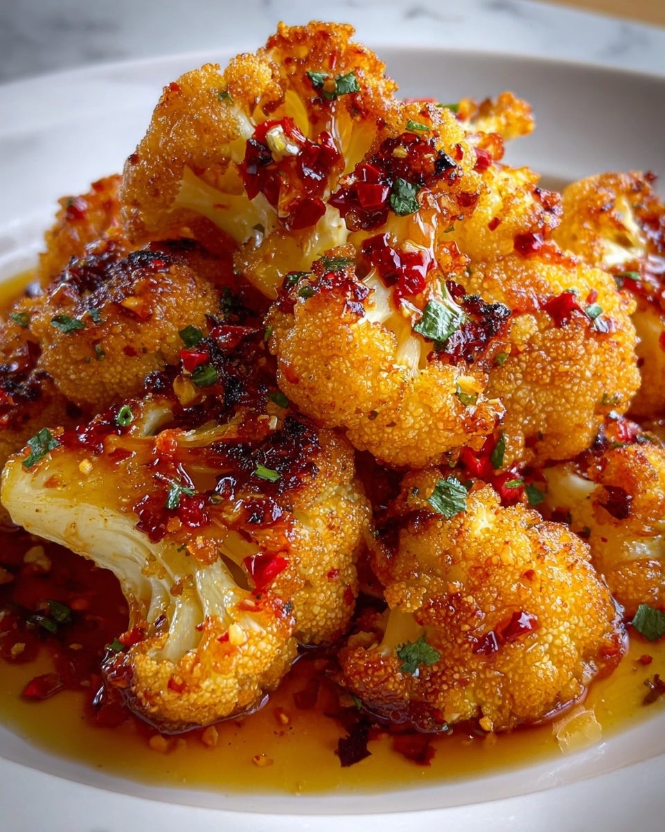 The image shows a close-up of roasted cauliflower florets arranged in a pile on a white plate. The cauliflower has a golden-brown crispy texture with some darker charred edges, giving it a crunchy look. The florets are coated with a shiny sauce that is reddish-brown in color with visible pieces of chili flakes and small green herb bits scattered on top. The sauce appears glossy and slightly oily, clinging to the cauliflower pieces and pooling a little on the plate. The background is a white marbled texture, softly blurred to keep focus on the cauliflower. photo taken with an iphone --ar 4:5 --v 7