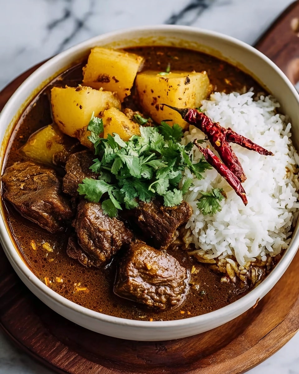 A bowl filled with three main layers: at the bottom, a rich brown curry sauce with visible small spices; on top of the sauce, several chunks of tender dark brown meat and golden potato pieces placed mostly on one side; beside the meat and potatoes, a neat mound of white rice with separate grains; garnished in the center with fresh green cilantro leaves and two small dried red chilies. The bowl is white, sitting on a round wooden coaster, and the whole scene is set on a white marbled texture. Photo taken with an iphone --ar 4:5 --v 7