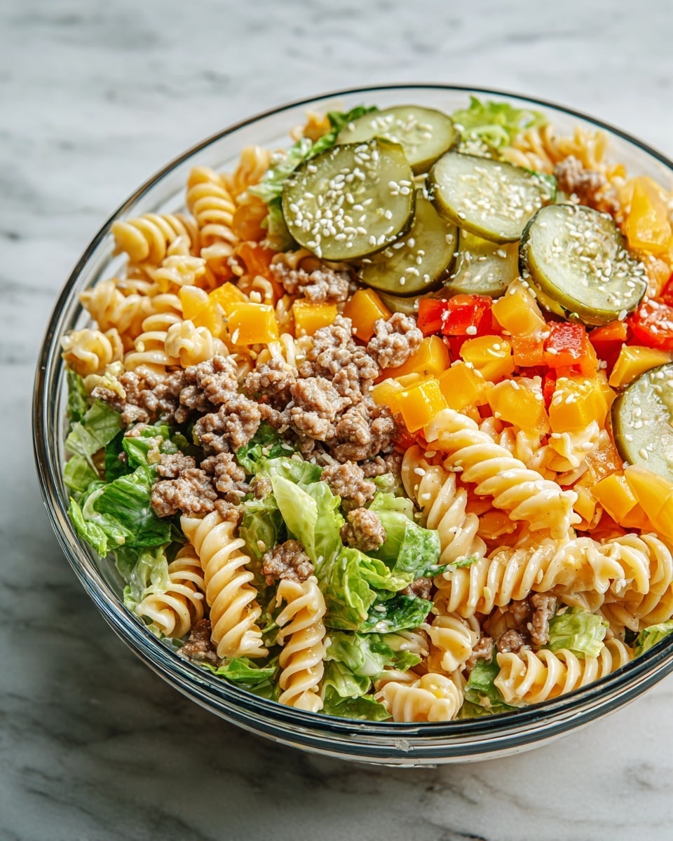 The image shows a clear glass bowl filled with a colorful layered pasta salad placed on a white marbled surface. The first layer includes spiral-shaped yellow pasta with a smooth texture. Mixed in are small pieces of cooked ground beef, adding a textured brown layer. Scattered throughout are chunks of diced yellow and orange vegetables along with light green crisp lettuce leaves. On top, slices of green pickles with visible seeds are placed, sprinkled with white sesame seeds. Some shredded light cheese is lightly spread across the dish, creating a mixed textured look. photo taken with an iphone --ar 4:5 --v 7