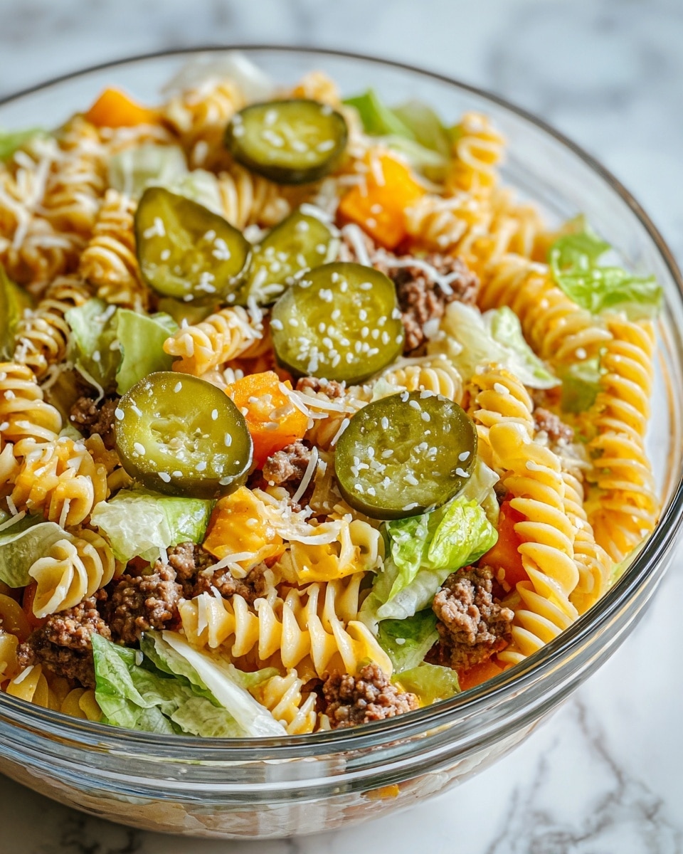 A clear bowl holds a colorful pasta salad with four main layers visible: the bottom layer has pale yellow spiral pasta with a soft, smooth texture; scattered above are medium green leafy lettuce pieces with a fresh, crisp look; next are light brown cooked ground meat chunks with a crumbly texture; the top layer is bright with round pale green pickle slices sprinkled with white sesame seeds and small cubes of orange and red bell peppers, all mixed evenly. The bowl sits on a white marbled surface, and the photo is taken with an iphone --ar 4:5 --v 7