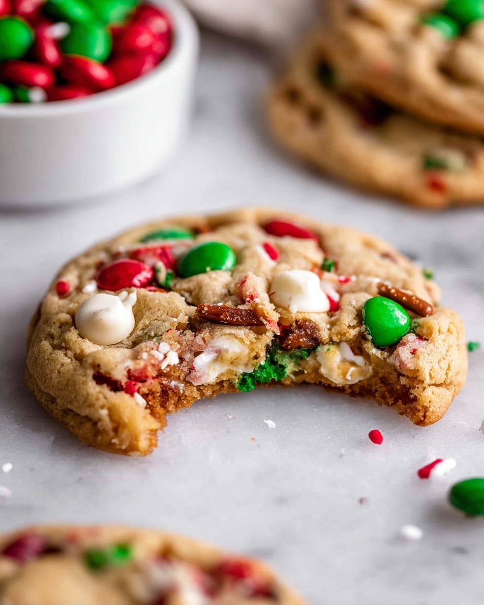A close-up view of a single cookie with a bite taken out of it, showing a soft, light brown base filled with colorful candy pieces in green and red, along with visible pretzel bits and a white chocolate chip. The cookie appears thick and chewy, with a slightly rough texture and small red and green sprinkles scattered throughout. In the background, there's another cookie and a white bowl filled with more red and green candy pieces, all set on a white marbled surface. The scene captures a festive, holiday feel. photo taken with an iphone --ar 4:5 --v 7