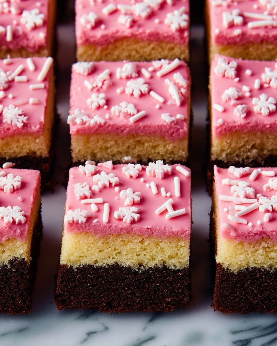 The image shows many square-shaped layered cake pieces spread on a white marbled texture. Each piece has three layers: a bottom dark brown layer with a soft cake texture, a middle light tan layer that looks like another type of cake, and a top bright pink layer of smooth icing decorated with white sprinkles and small white flower-shaped candy. The cake pieces are cut uniformly, with some lined up and some scattered casually. Photo taken with an iphone --ar 4:5 --v 7