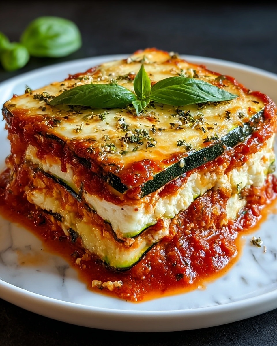 A three-layer square zucchini lasagna sits on a white plate, each layer separated by bright red tomato sauce and creamy white cheese. The top layer is a slice of zucchini with melted cheese browned in spots, sprinkled with small herbs, and garnished with two fresh green basil leaves in the center. The edges show the mix of the thick sauce and cheese oozing slightly, adding a rich texture. The scene is set on a white marbled surface, giving a clean and bright look. Photo taken with an iphone --ar 4:5 --v 7